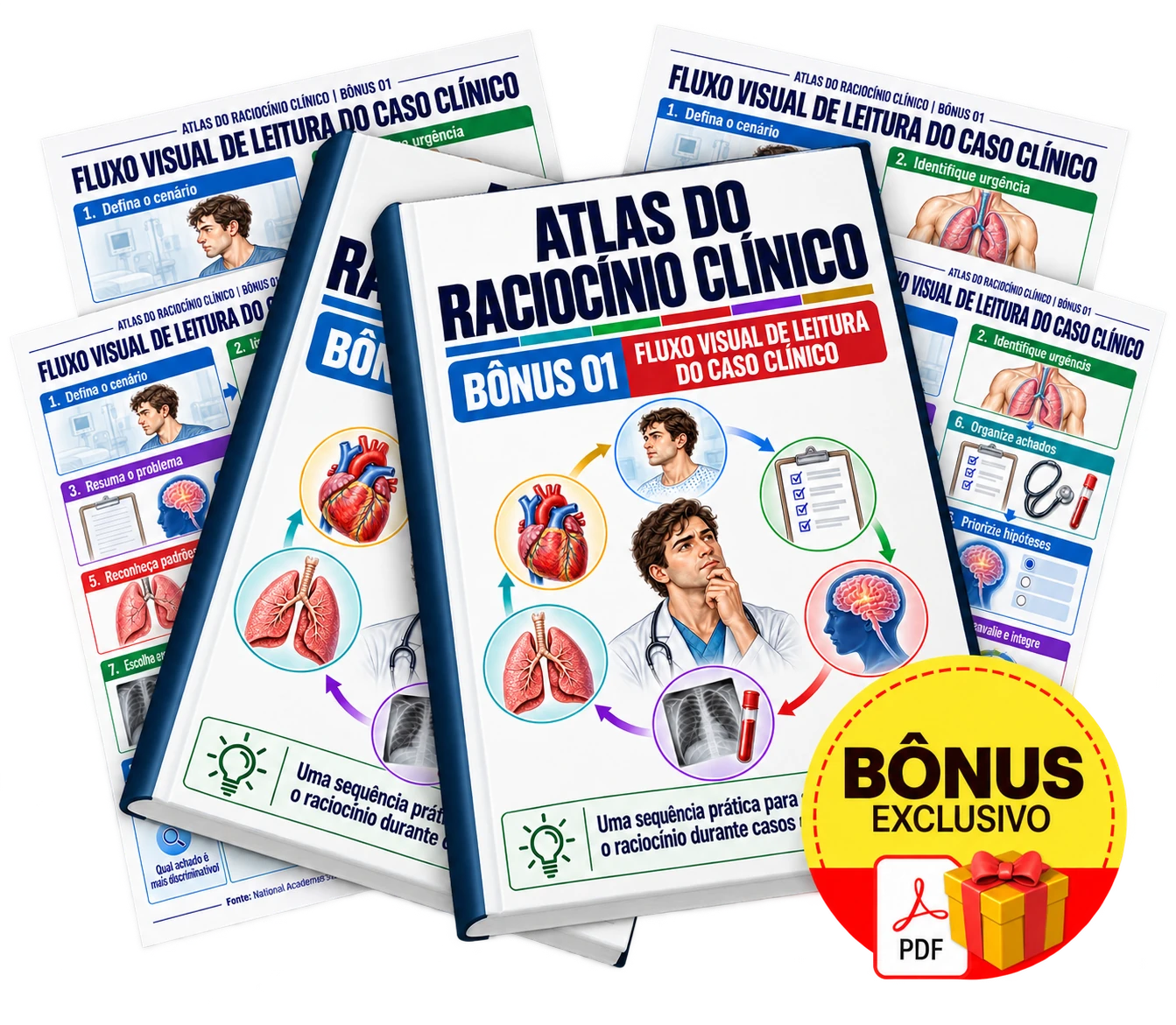 Mockup do Bônus 01: Fluxo Visual de Leitura do Caso Clínico, com duas capas, folhas e selo PDF