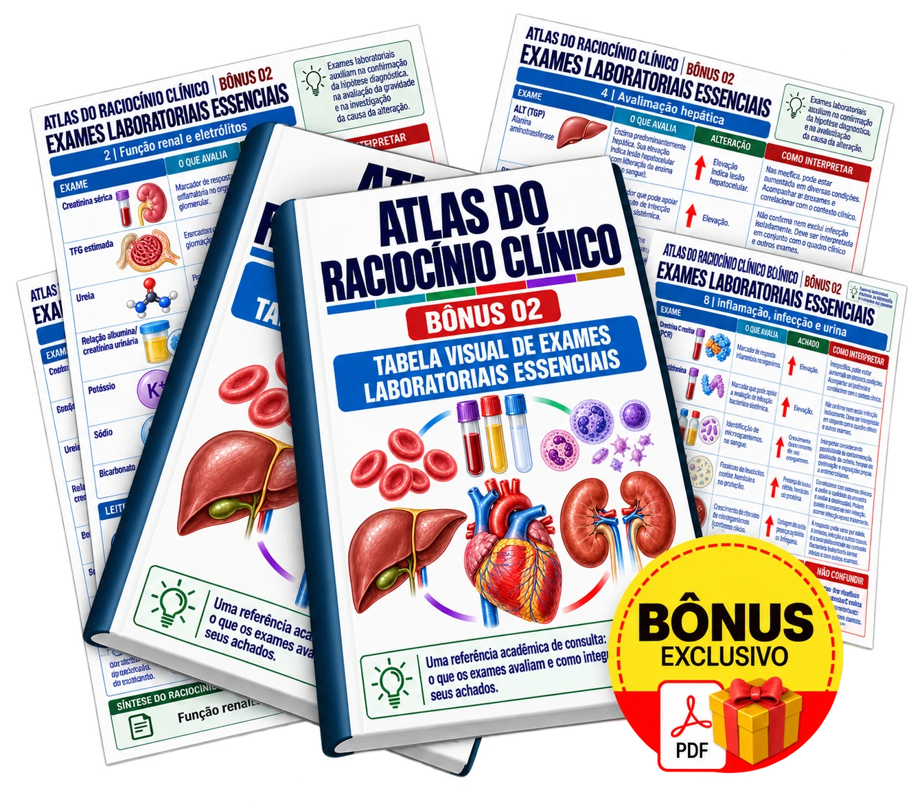 Mockup do Bônus 02: Tabela Visual de Exames Laboratoriais Essenciais, com duas capas, folhas e selo PDF