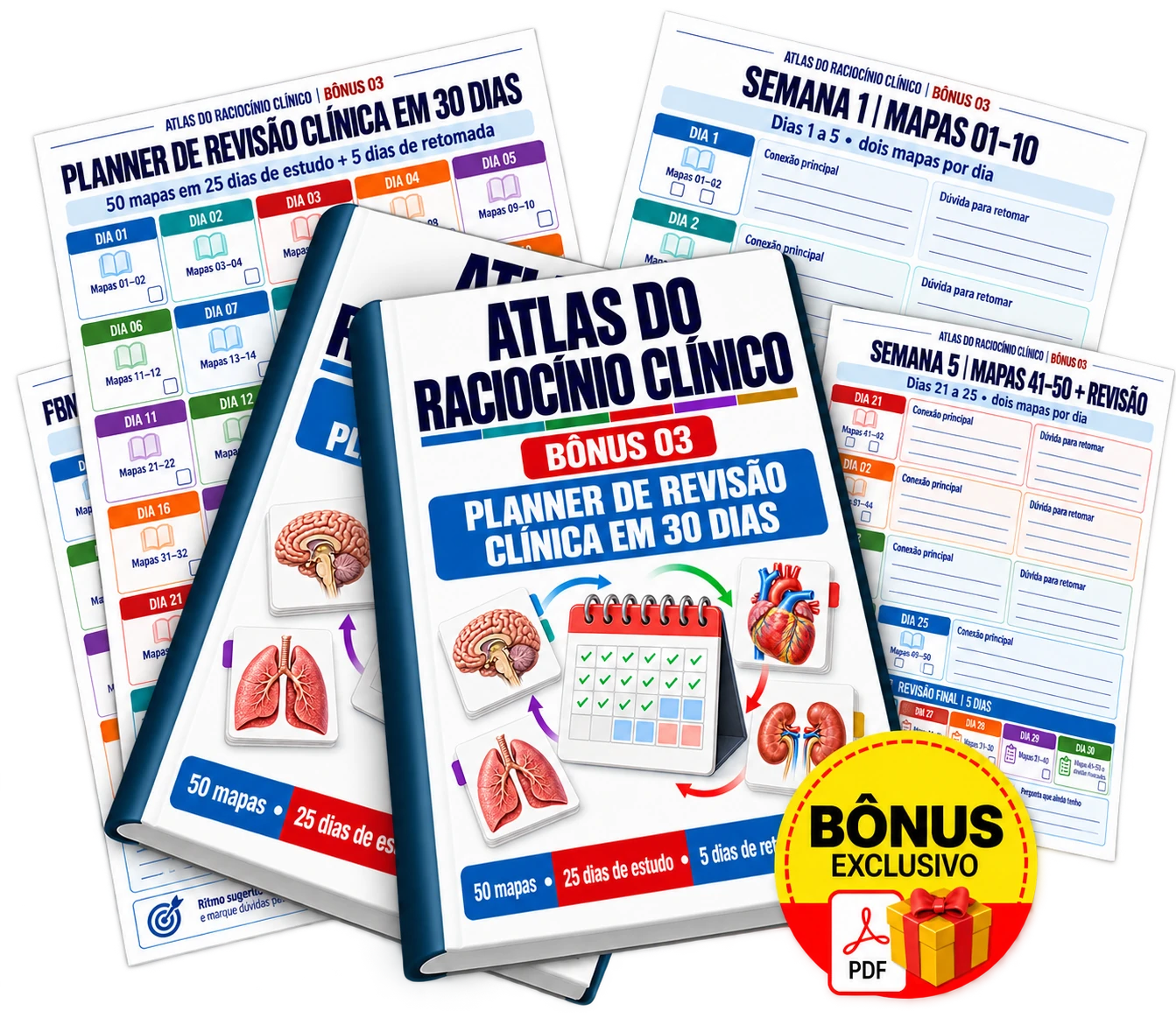 Mockup do Bônus 03: Planner de Revisão Clínica em 30 Dias, com duas capas, folhas e selo PDF
