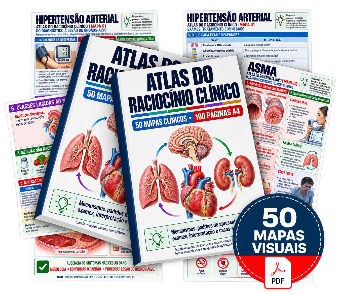 Mockup do Atlas do Raciocínio Clínico com capa, páginas de mapas clínicos e selo 50 Mapas Visuais