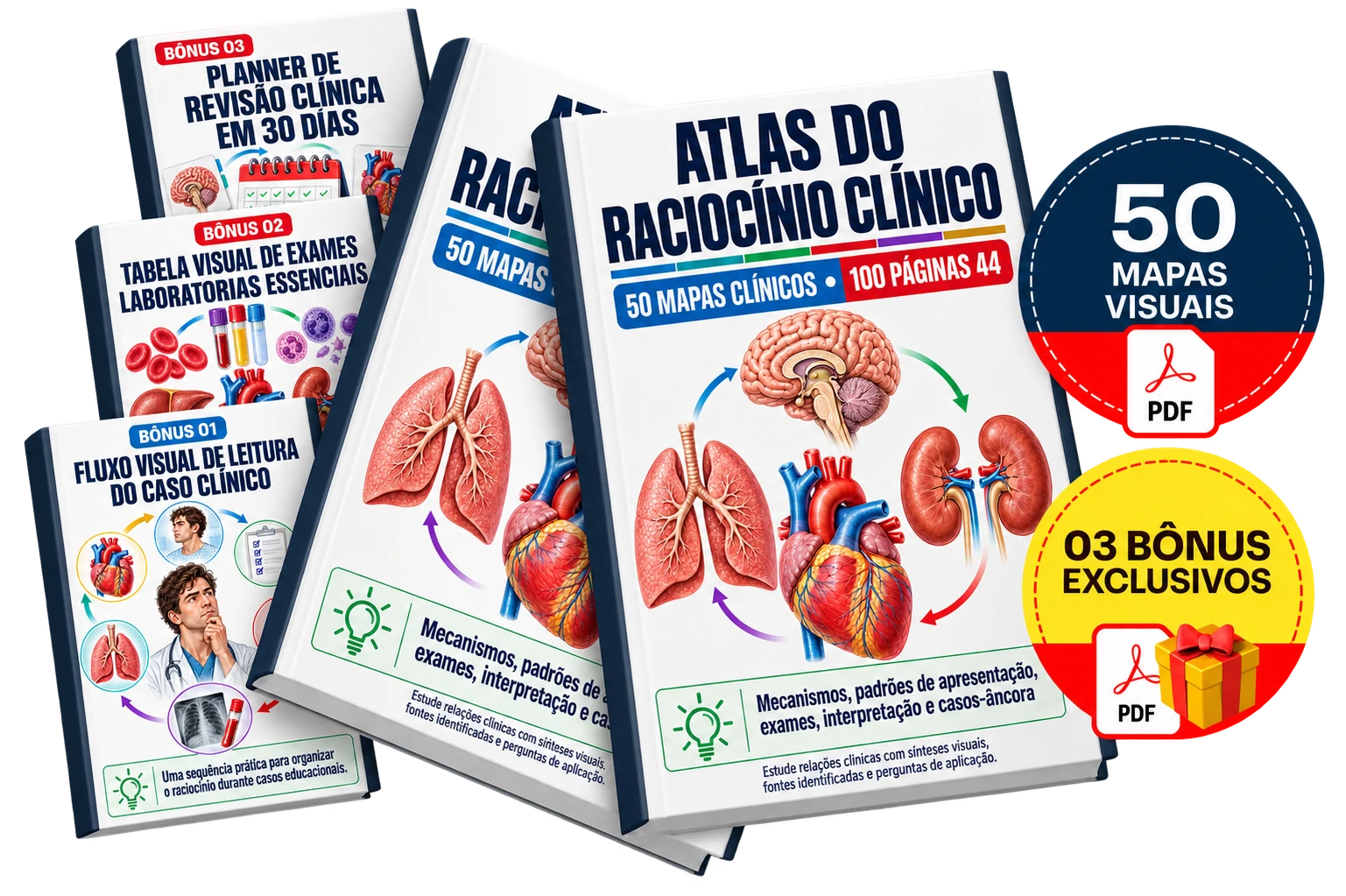 Mockup do Plano Completo: Atlas do Raciocínio Clínico, três bônus e selos de 50 Mapas Visuais e 03 Bônus Exclusivos em PDF