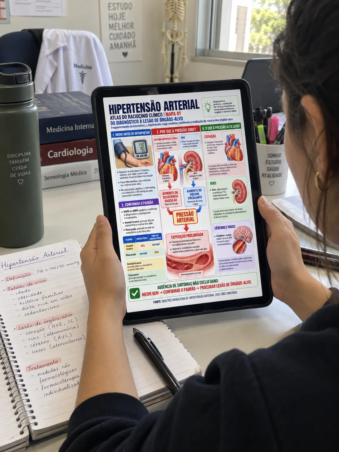 Estudante de medicina revisa um mapa de hipertensão do Atlas no tablet