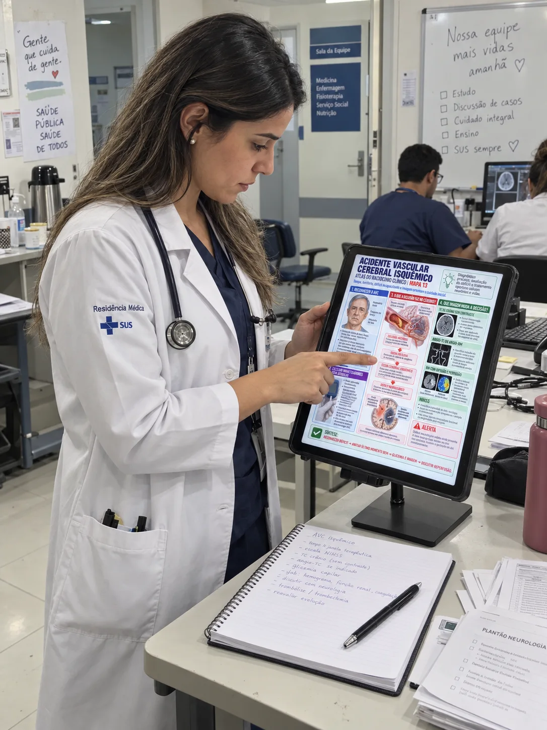 Residente revisa um mapa do Atlas no tablet em uma sala de equipe