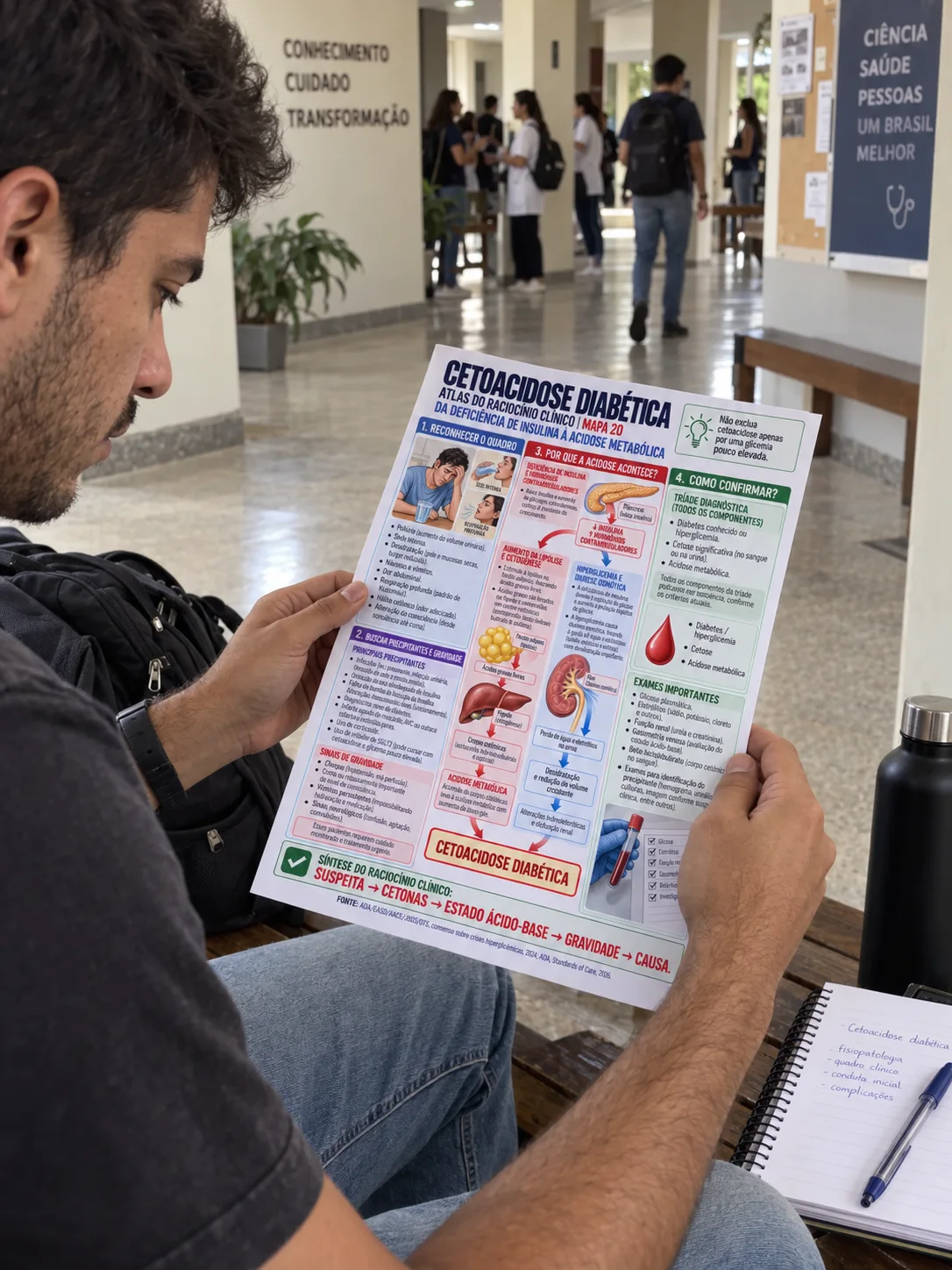 Estudante revisa um mapa do Atlas no corredor da faculdade