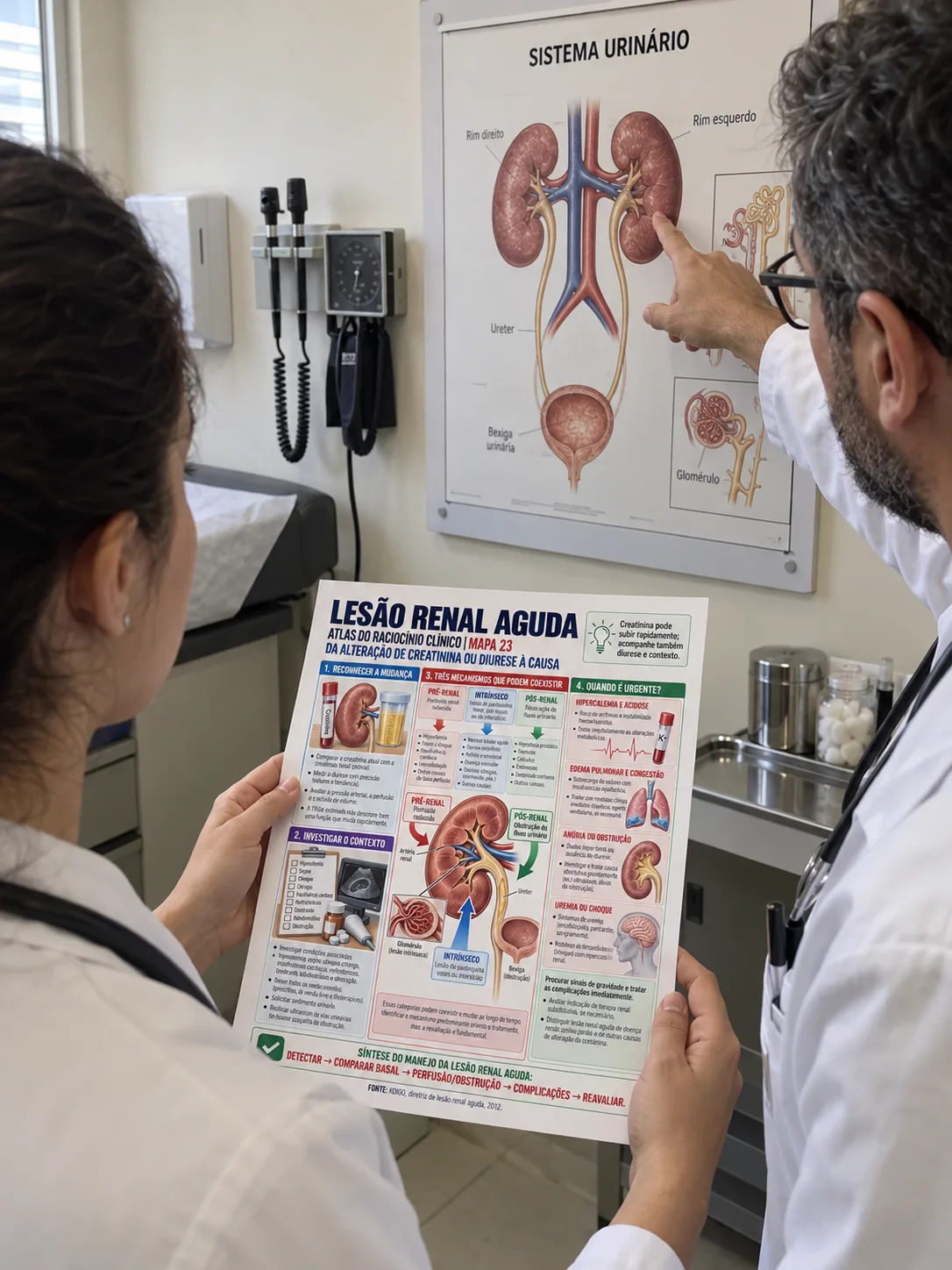 Médico e estudante discutem um tema clínico com um mapa do Atlas
